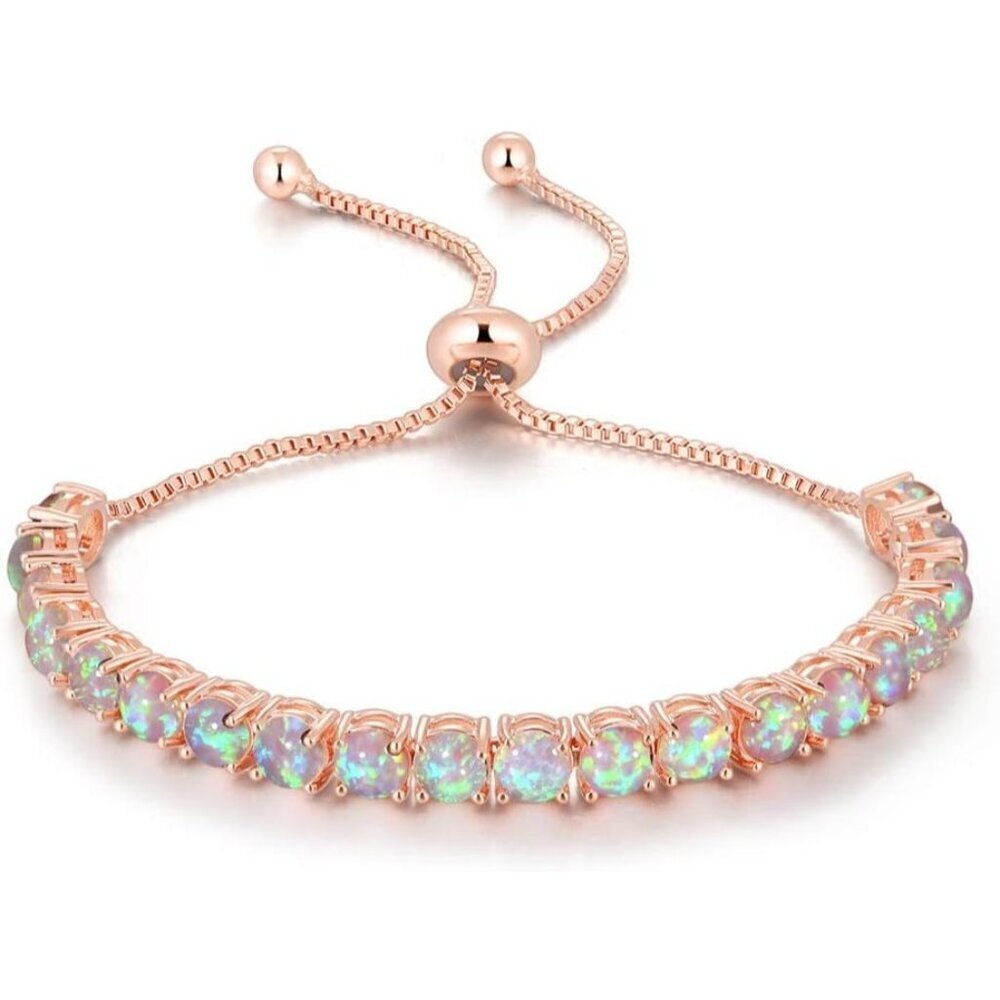 Women's Silver Plated Opal Tennis Adjustable Sterling Hook Clasp Bracelet